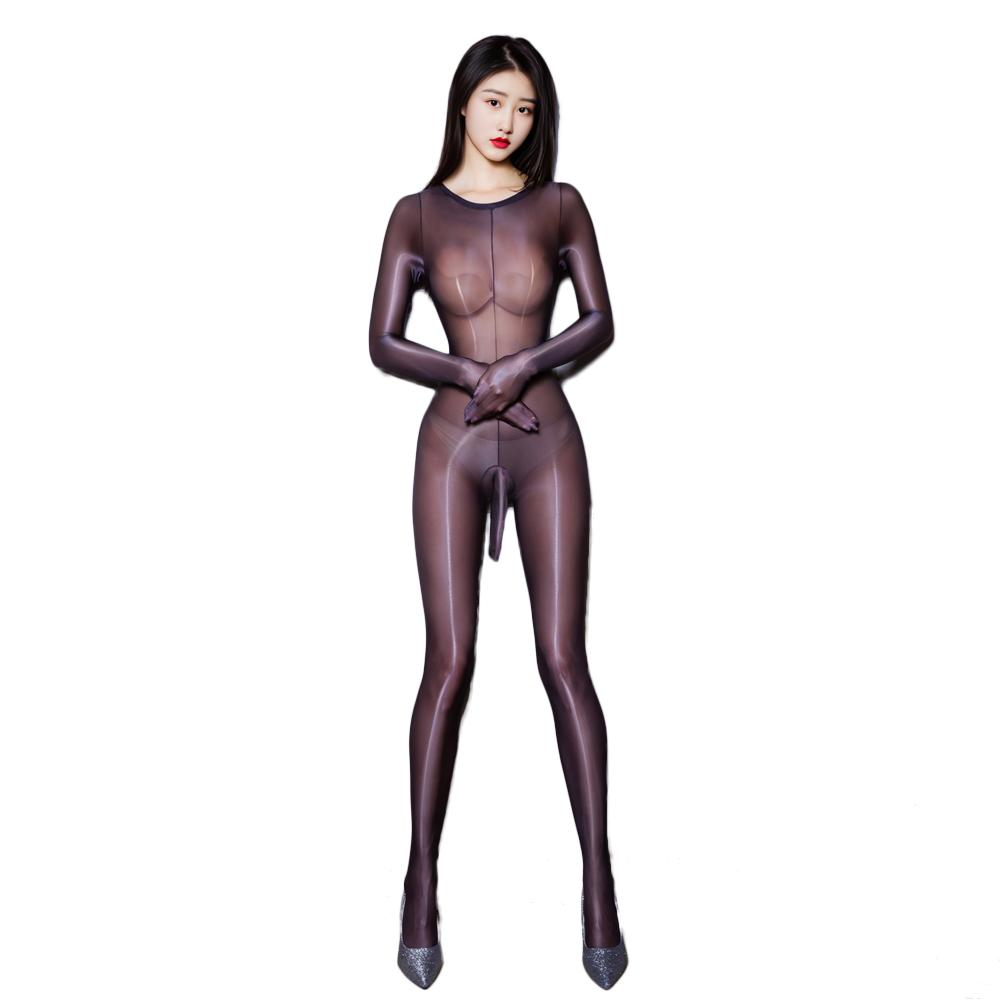 Sexy Women Maid Tights Glossy Shiny Elastic Bodysuit Rompers Elephant Nose Sheath Satin Suit Jumpsuits Bulge Pouch Maid Leotard