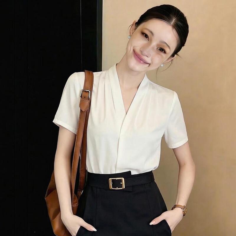 La Chapelle Women s Short Sleeve V-Neck Chiffon Blouse XL