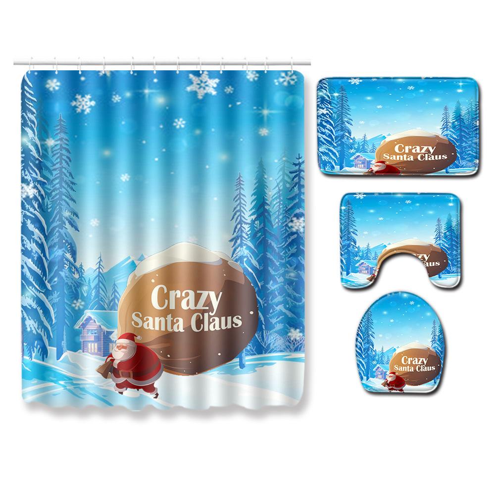 Christmas Shower Curtain Floor Mat Combination Four-Piece Set Kitchen Door Mat Bedroom Living Room Carpet