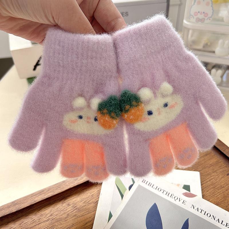 Grass plum rabbit children's gloves baby full finger thickened warm year old full finger child finger cover new gloves