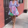 Women's Colorful Striped V-neck Dress with Belt Long Sleeve V-neck Casual Short Dress