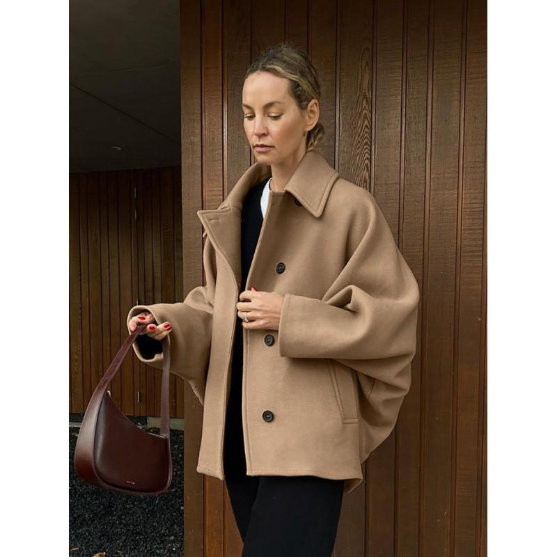 Womens Wool Blend Oversized Turn-Down Collar Batwing Sleeve Cardigan Coat - Classic Office Chic