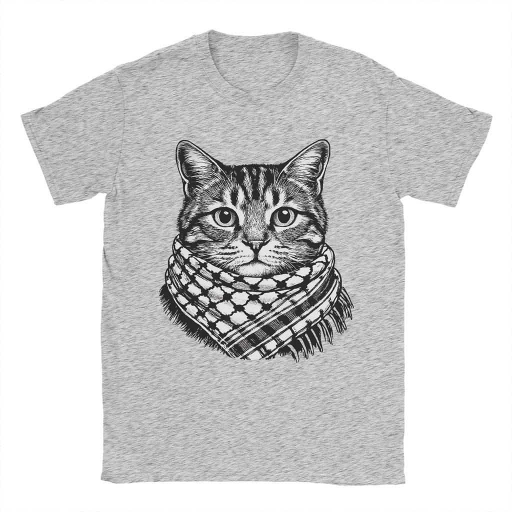 Cute Cat Wearing the Keffiyeh T-Shirts for Men Vintage Cotton Tee Shirt Crew Neck Short Sleeve T Shirt Plus Size Tops