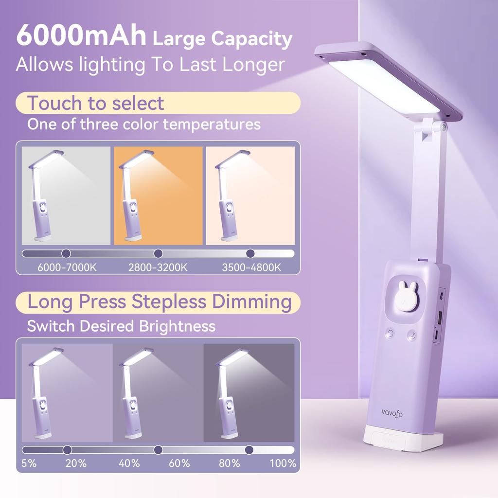 VAVOFO Electric Gas Lamp, Cordless Lamp with 15 Dimming Modes, Cute Stand, 6000 mAh Lamp, LED, Modern Office Lamp (Purple)