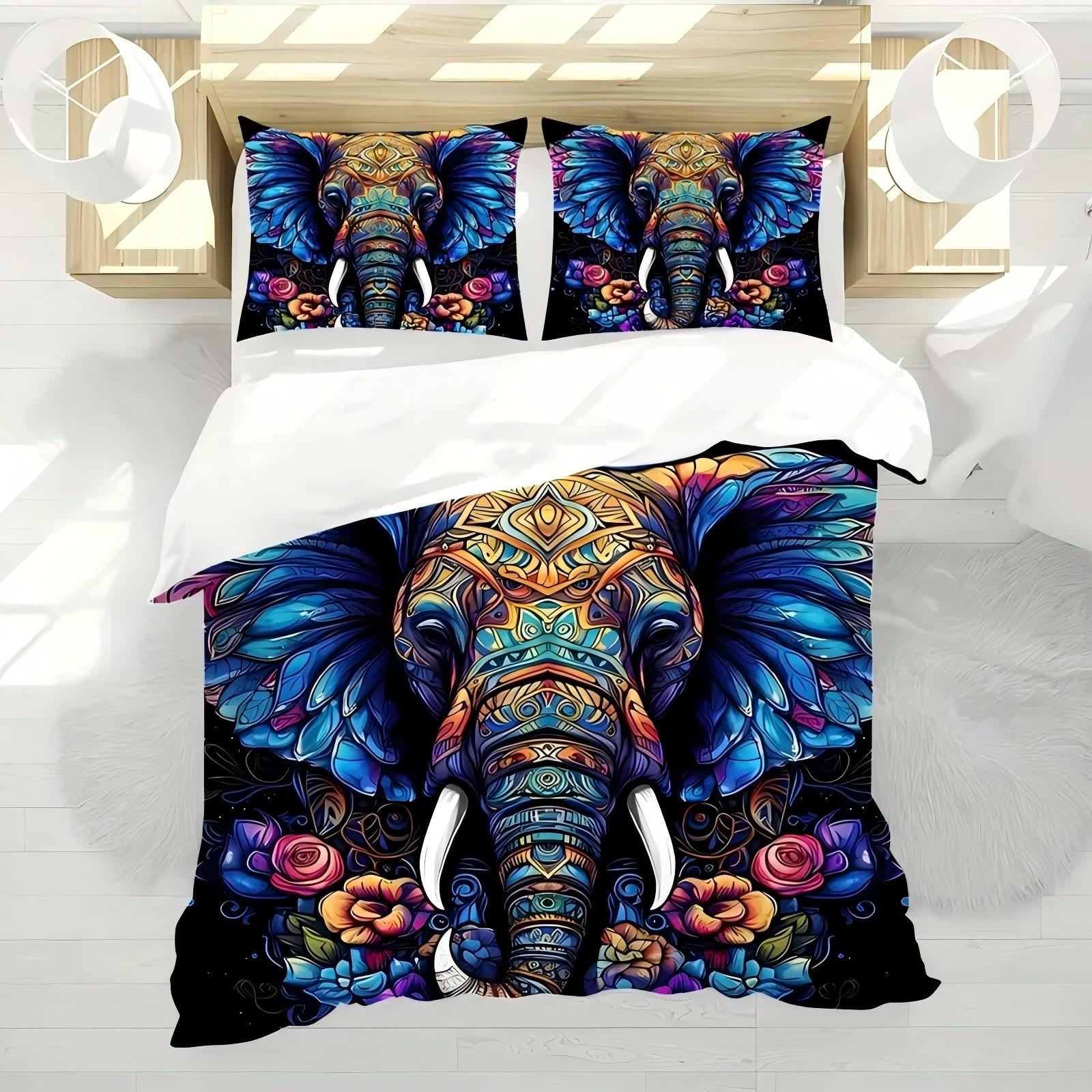 

Colorful Elephant Flowers Pattern 3D Print Duvet Cover Soft Comfortable Luxury Bedding Set Wildlife Theme Quilt cover Pillowcase EU Single(135*200cm)3pcs