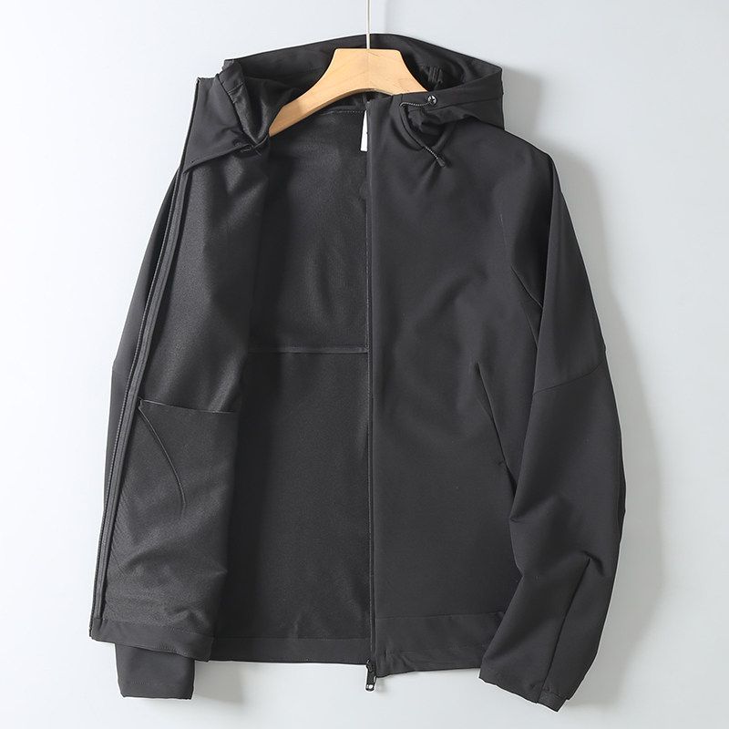 Men's Outdoor Mountain-Style Sun Protection Jacket, Solid Color Softshell Hooded Windbreaker, Sports Functional Zip-Up Jacket