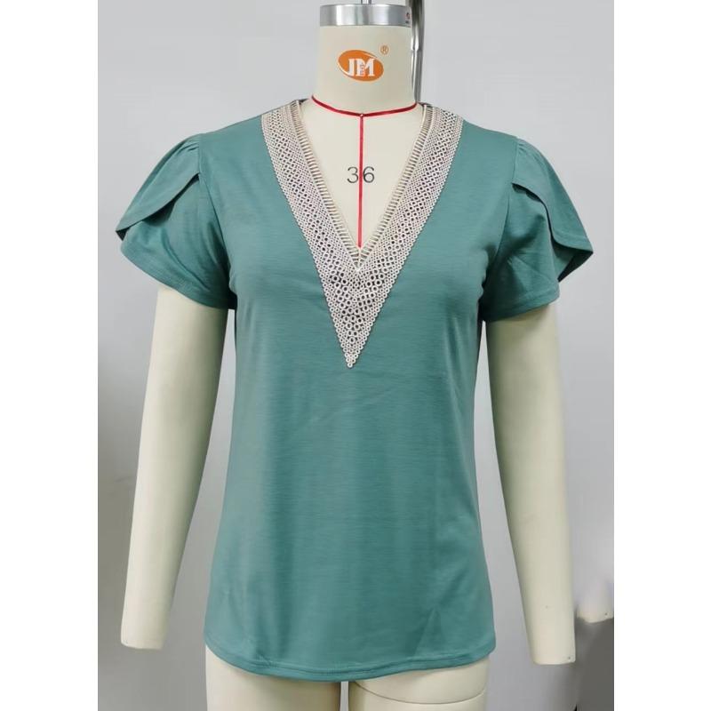 Spring Summer Gold Lace V-neck Tile Short Sleeved Solid Color T-shirt Top T-Shirts Women’s