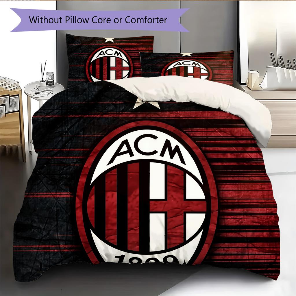 AC Mailand Fußballverein Muster Bettwäsche Bettdecken-Set Heimdekoration Geschenk (1 Bettbezug + 2 Kissenbezüge (ohne Füllung))
