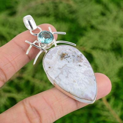 Daughters Day Sale Crazy Lace Agate Gemstone Swiss Blue Topaz Pendant 925 Silver