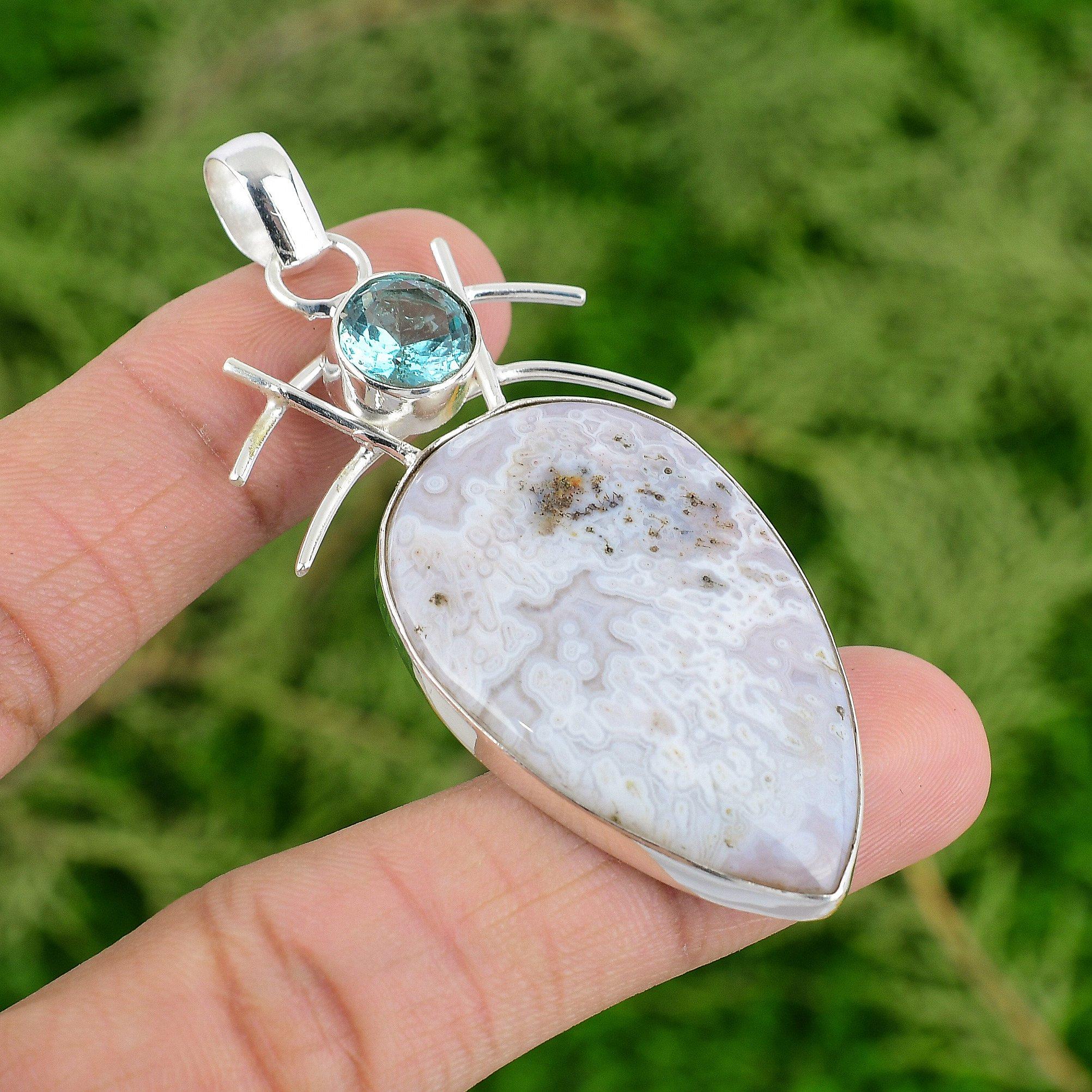 

Daughters Day Sale Crazy Lace Agate Gemstone Swiss Blue Topaz Pendant 925 Silver