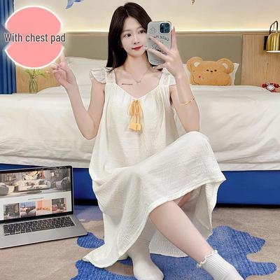 Women's Cloud Cotton Summer Nightgown: Sweet Princess Style Camisole with Built-in Bra, Long Plus-Size Homewear, 220 Jin.