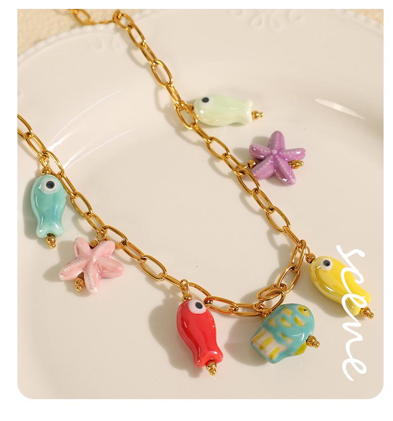 Ocean Fish Titanium Steel Bracelet: Starfish & Colorful Ceramic Pendant Necklace for Women
