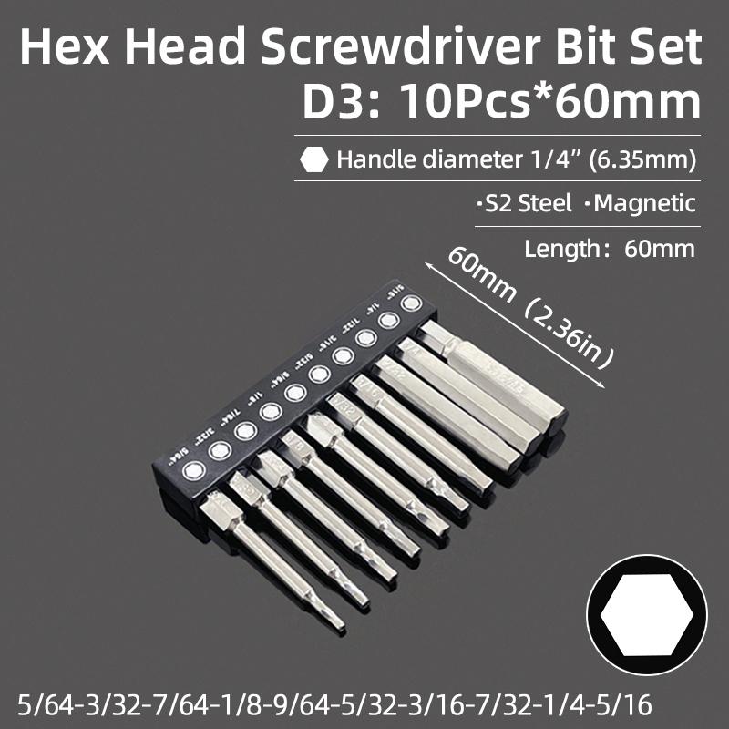 Hex Bit Set Head Allen Wrench Screwdriver Bit Set SAE Metric Hex Shank Magnetic Screw Driver S2 Steel Electric Drill Hand Tools