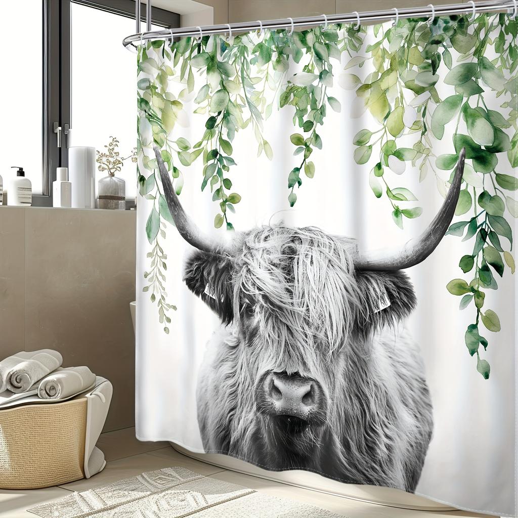 Highland Cow Shower Curtain Farmhouse Rustic Funny Bull Eucalyptus Leaves Plants Western Country Artwork Cloth Fabric Wterproof