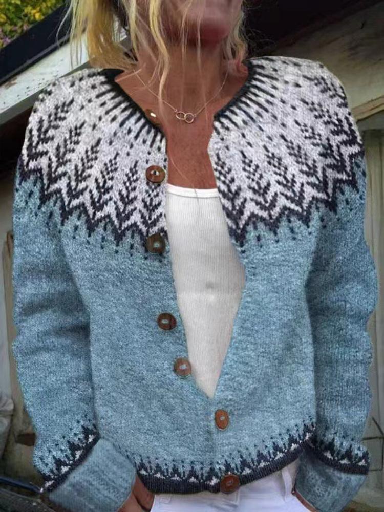 Women's Pink V-Neck Knit Cardigan with Jacquard Floral Pattern