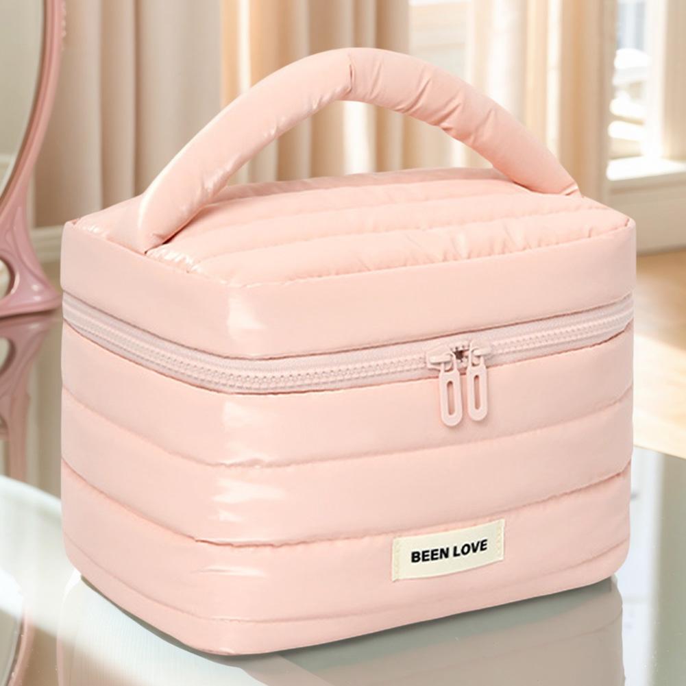 

Puffy Padded Quilted Makeup Bag for Women Travel Make Up Organizer Bag Vanity Bag Large Capacity with Zipper & Handle рожевий