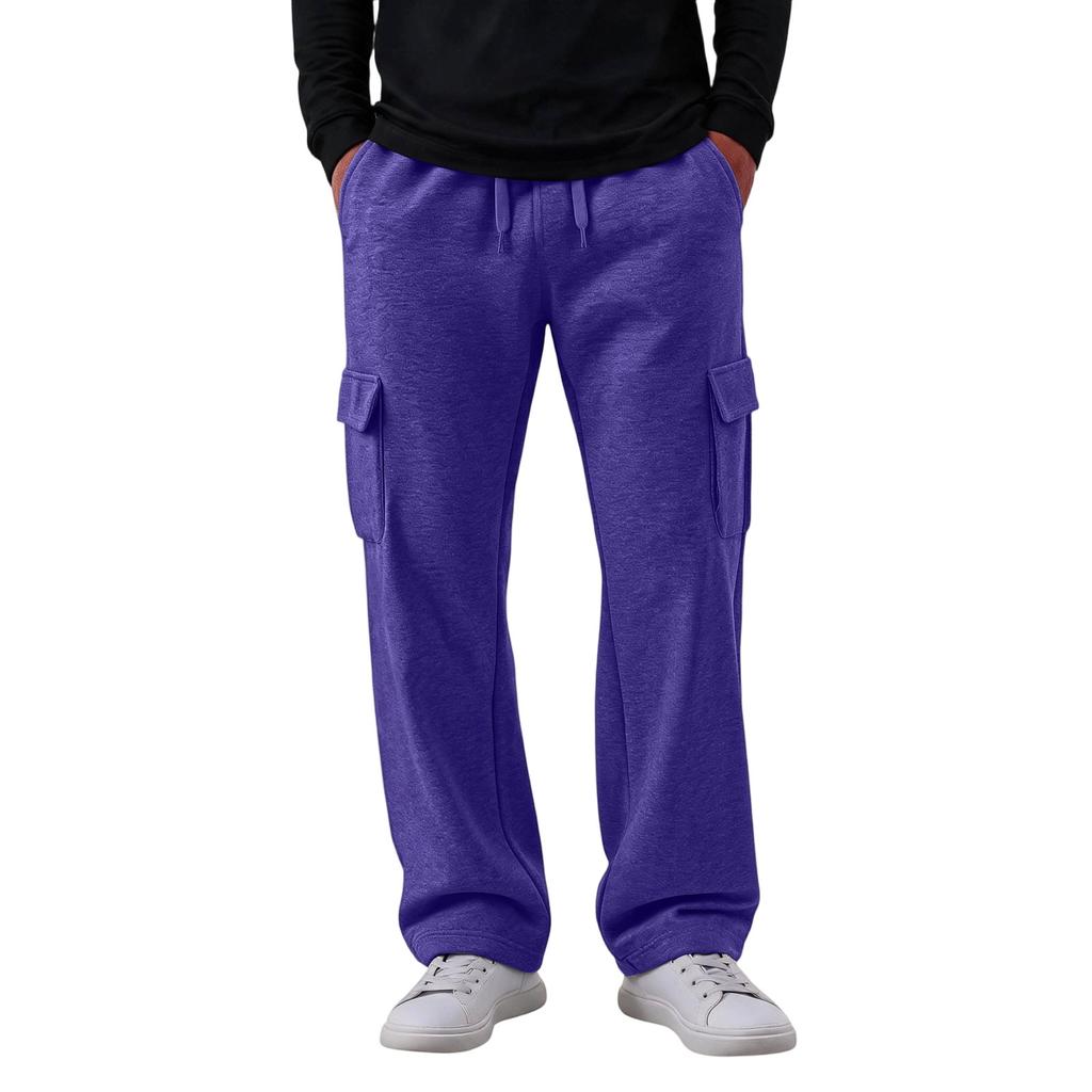 Men's Casual Cargo Pants with 4 Pockets, Elastic Waist with Drawstring, Loose Fit Straight Leg Pants for Everyday Wear