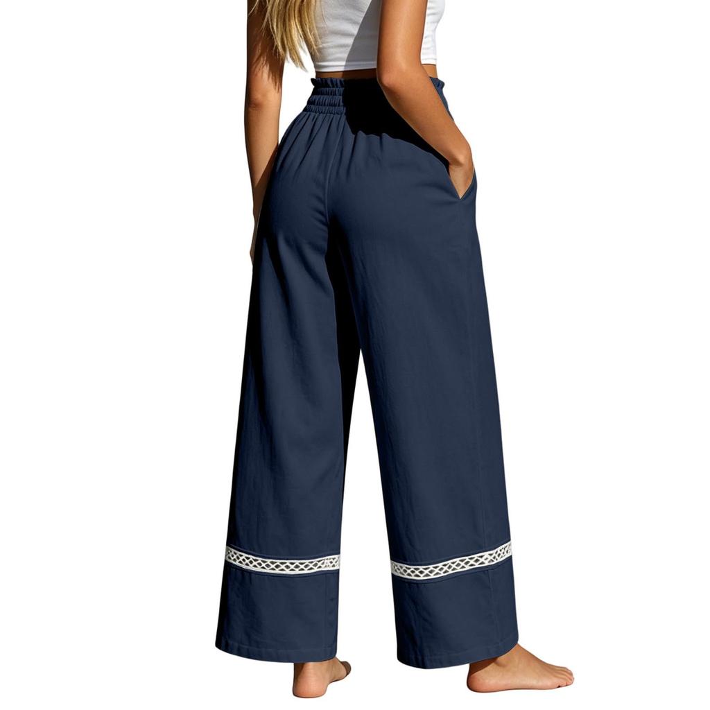 High Waist Loose Fit Wide Leg Pants with Hollow Out Detailing and Drawstring Waistband for Casual Relaxed Style