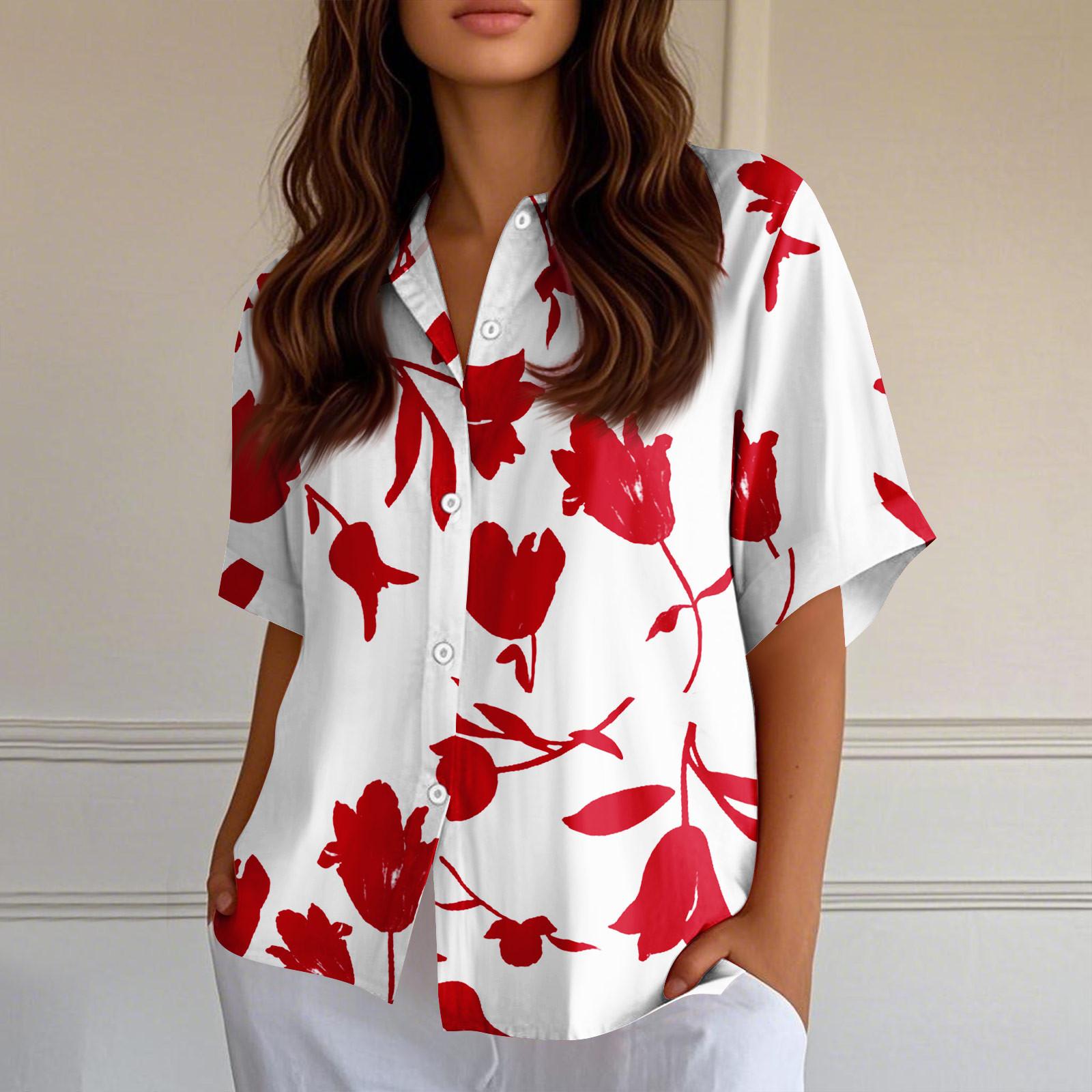 

Женские рубашки на пуговицах Льняные рубашки на пуговицах Рубашки с коротким рукавом для женщин Топы с коротким рукавом для женщин XL красный