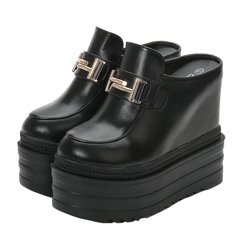 Fashion 13CM Platform Genuine Leather Women Summer Shoes Heightening Slippers Wedge Sandals Rhinestone Hollow Female Slip On Shoes