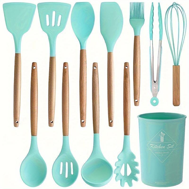 

Набор кухонных принадлежностей из 1 предмета с подставкой, силиконовые кухонные инструменты включают лопатку, щипцы, ложку с прорезями, лопатку, венчик, кисть, кухонный набор с деревянной ручкой зелёный