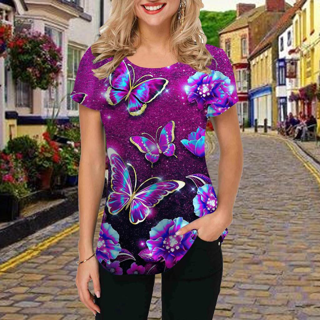Fashion Women Blue Butterfly Print T Shirt Funny Casual O-neck Short Sleeves T-shirt Summer Female Tee Shirt