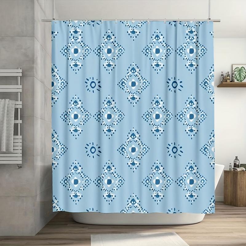 1pc Retro Blue Ethnic Pattern Shower Curtain,Durable Polyester, Easy Clean,Plastic Hooks, Geometric Design for Bath/Window Decor