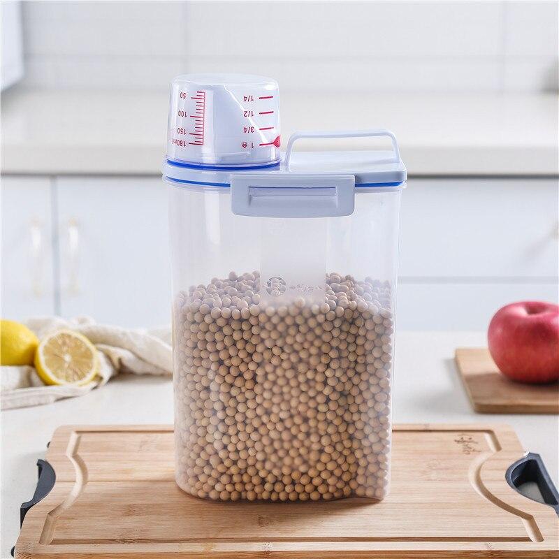 2Liter Food Pail Plastic Storage Tank with Measuring Cup Container Moisture Proof Sealed Jar Pet Supplies Accessories