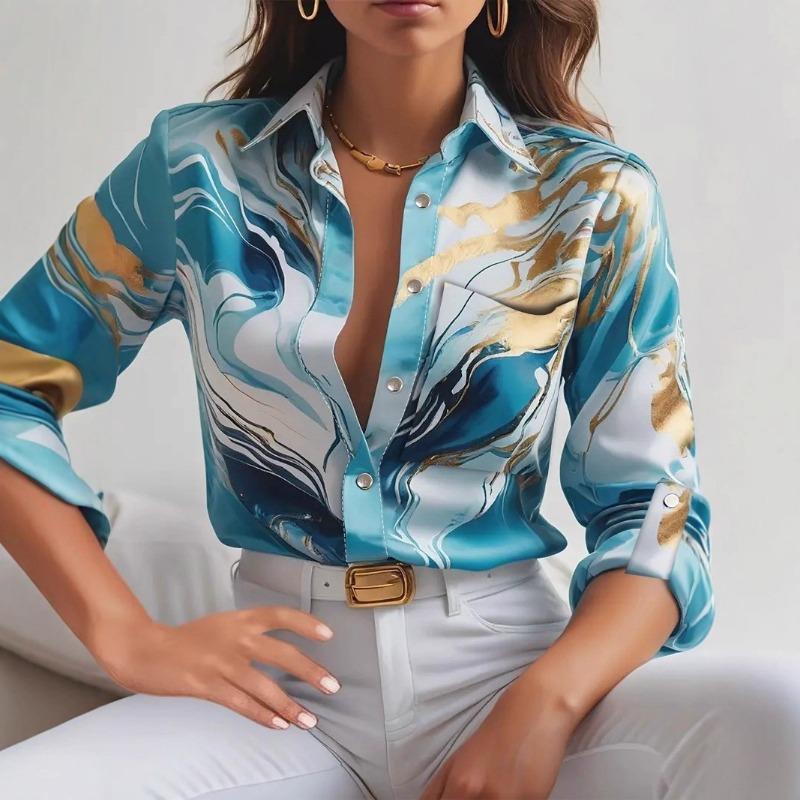 women marble print satin shirt collared long sleeve casual slim fit blouse