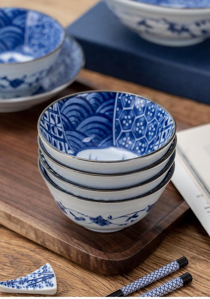 Retro Blue & White Japanese-Style Porcelain Rice Bowl & Ceramic Plate Set