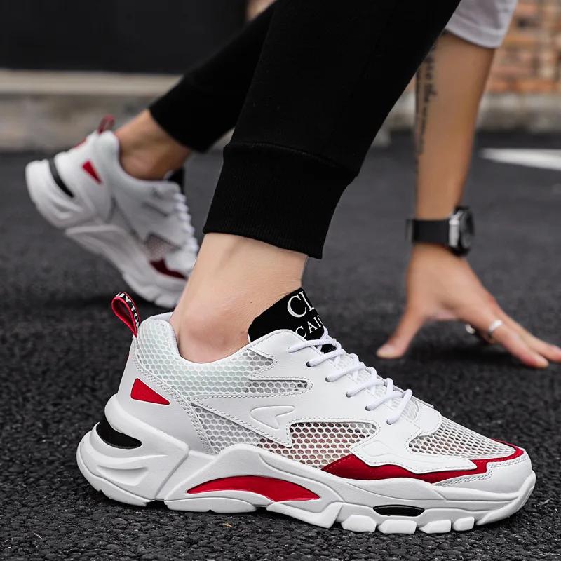 Men's White Mesh Platform Sneakers Breathable Summer Lace Up Casual Shoes Lightweight Fashion Sports Footwear