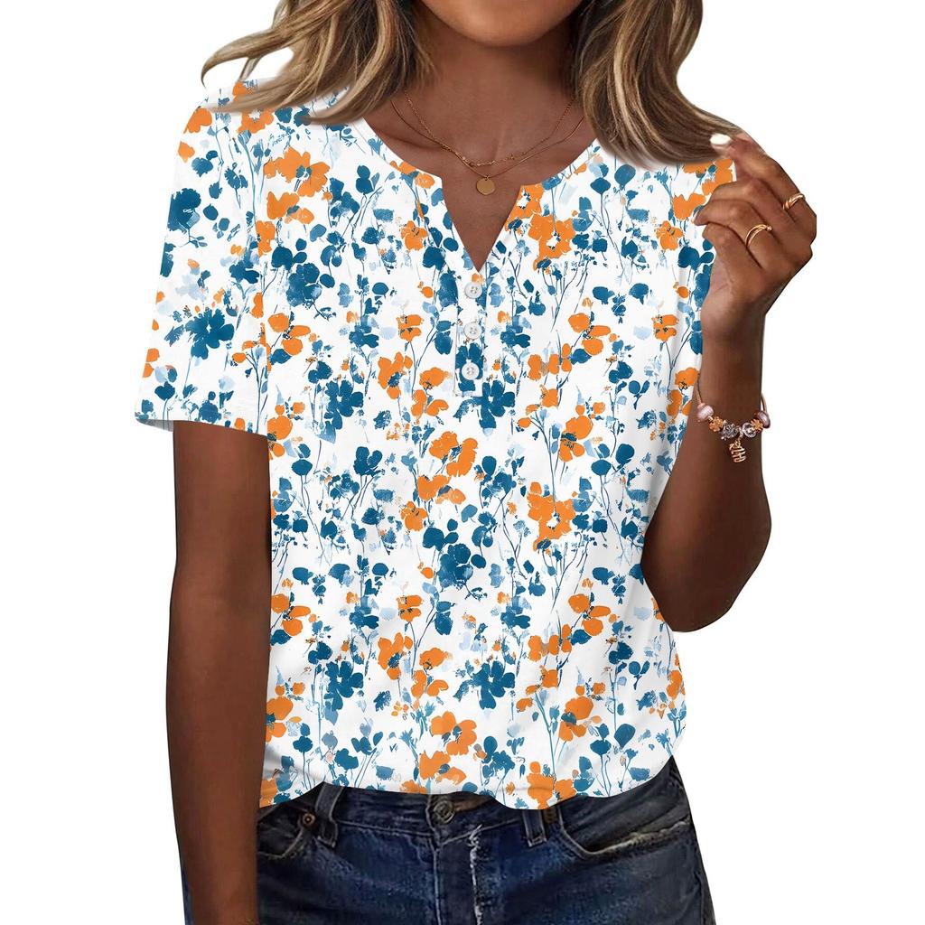 Women's T Shirt Print Button Short Sleeve Daily Weekend Fashion Basic V- Neck Regular Top