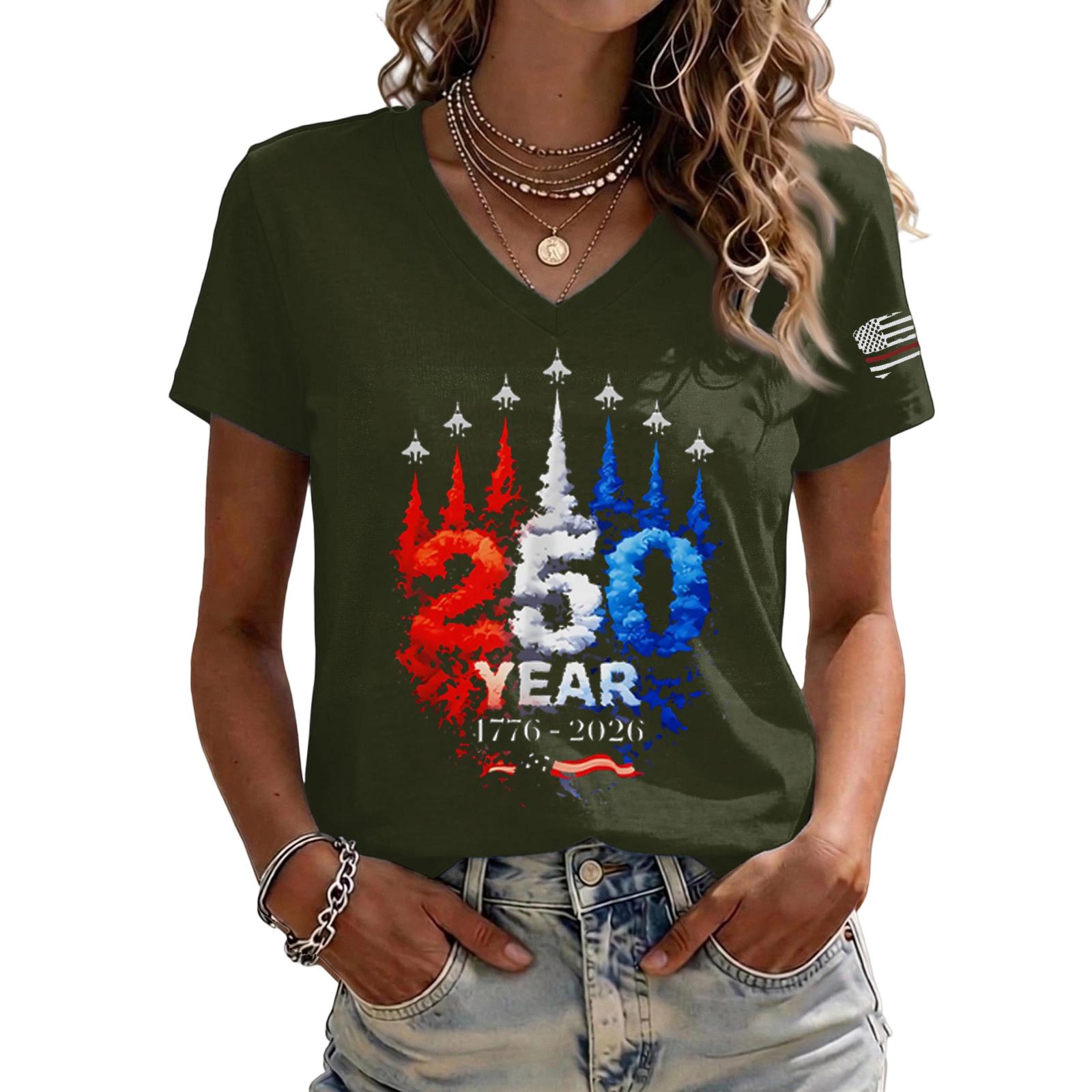 

Womens V Neck Short Sleeve Pullover T Shirt 250 Years 1776 2026 Printed Casual Top for Everyday Wear XXL зелений