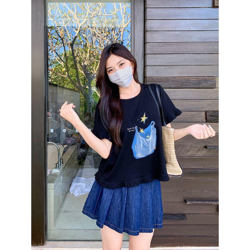 Maxi Plus Size Women's Wooden Ear Print Short-Sleeved T-shirt Summer Plus Size Ladies Thin Slim Fit Slimming Shoulder Tops
