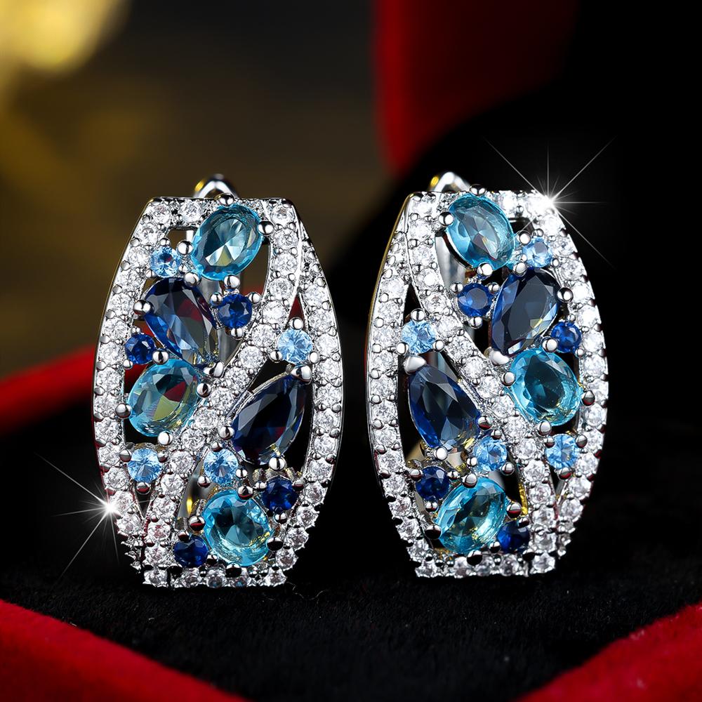 Colorful White Blue Zircon Clip Earrings for Women Silver Color Wedding Party Jewelry Gifts