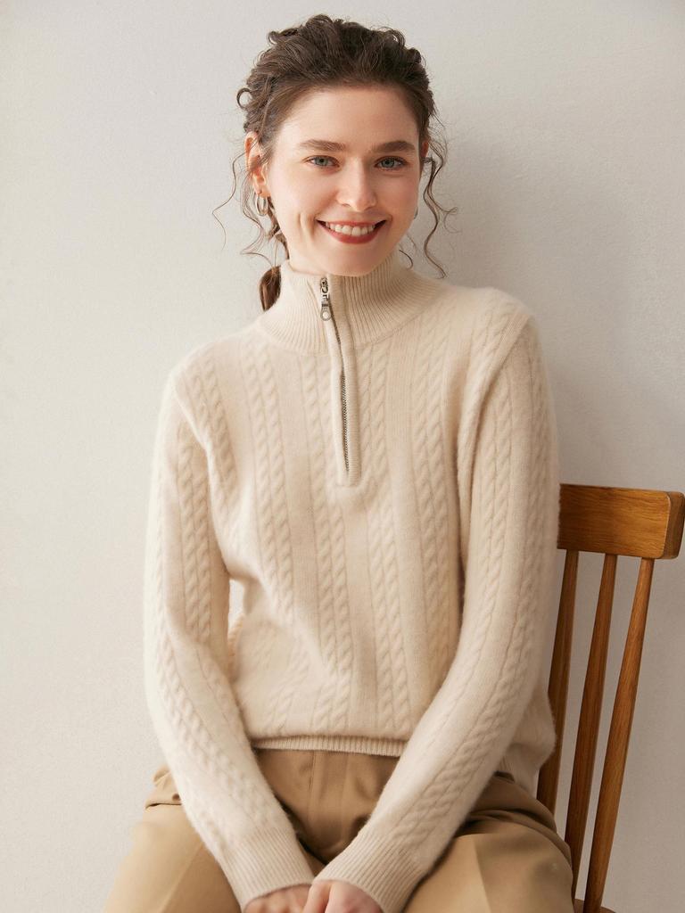 Women's Thickened Cashmere Stand Collar Sweater - Loose Fit, Zipper Lapel, Autumn/Winter 2024