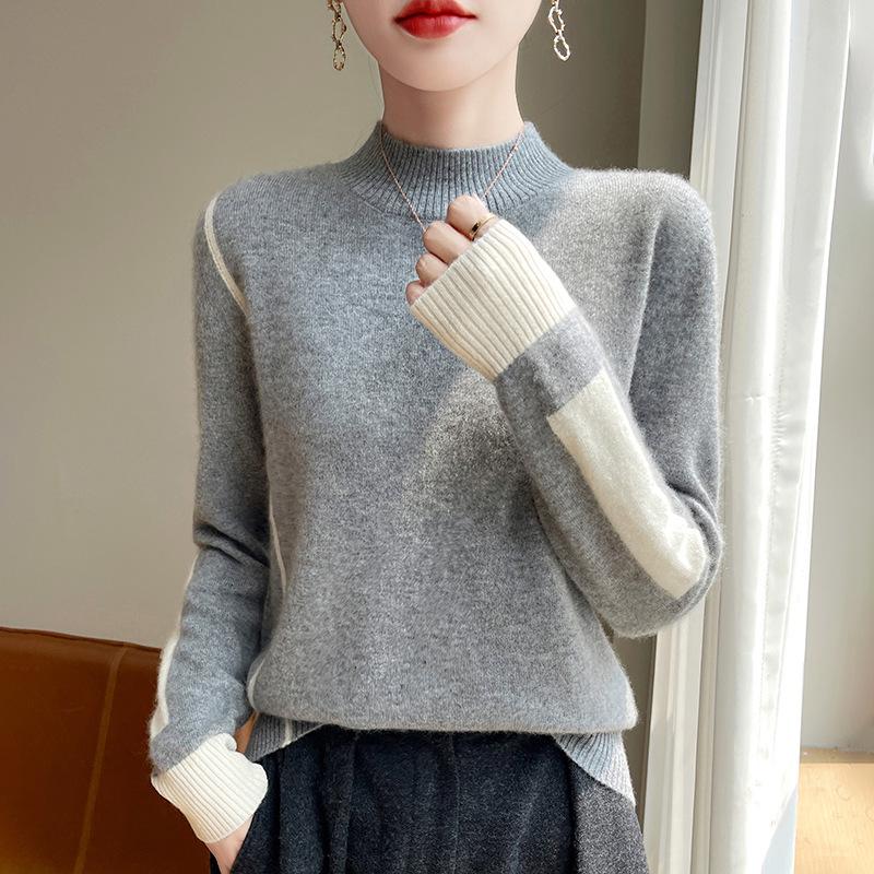 Women's Color Block Half-High Neck Wool Sweater, Skin-Friendly and Warm Knitwear for Autumn/Winter