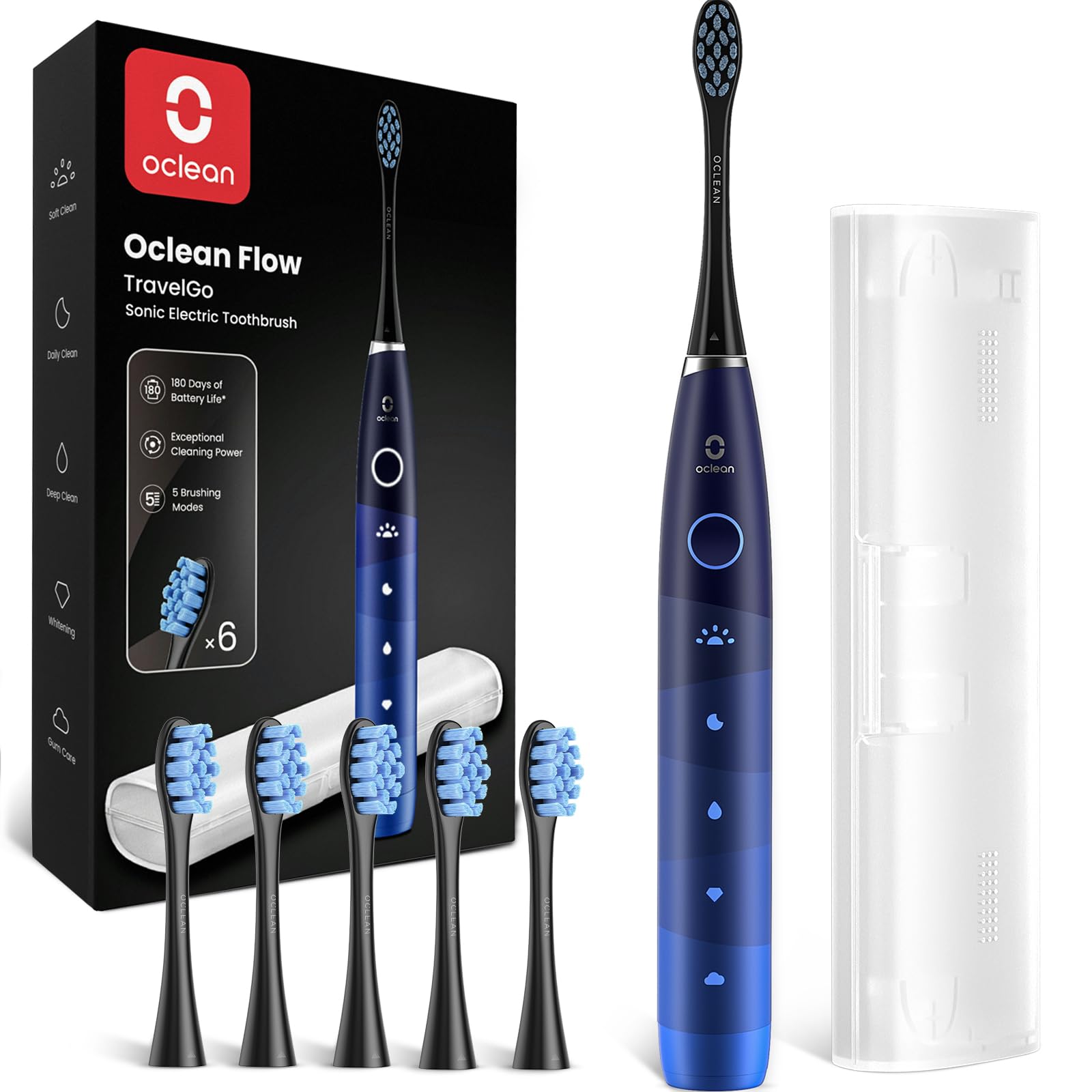 

Электрическая зубная щетка Oclean Flow TravelGo IPX7 Линейная USB Быстрая зарядка Набор Flow, 180-дневная водонепроницаемость, 5 режимов работы, Звуковая, Моторная, Type-C синий