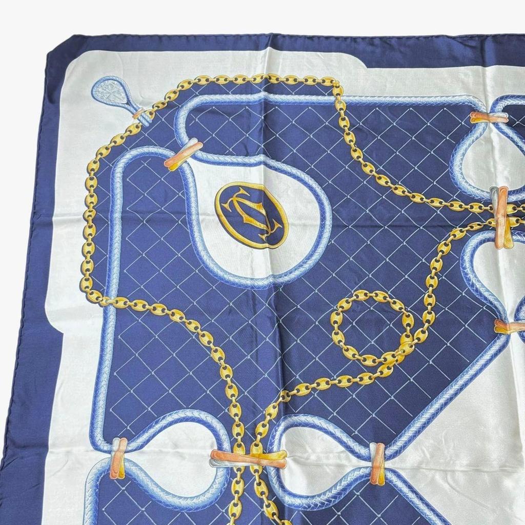 Used Cartier scarf, large size, chain pattern, navy, silk