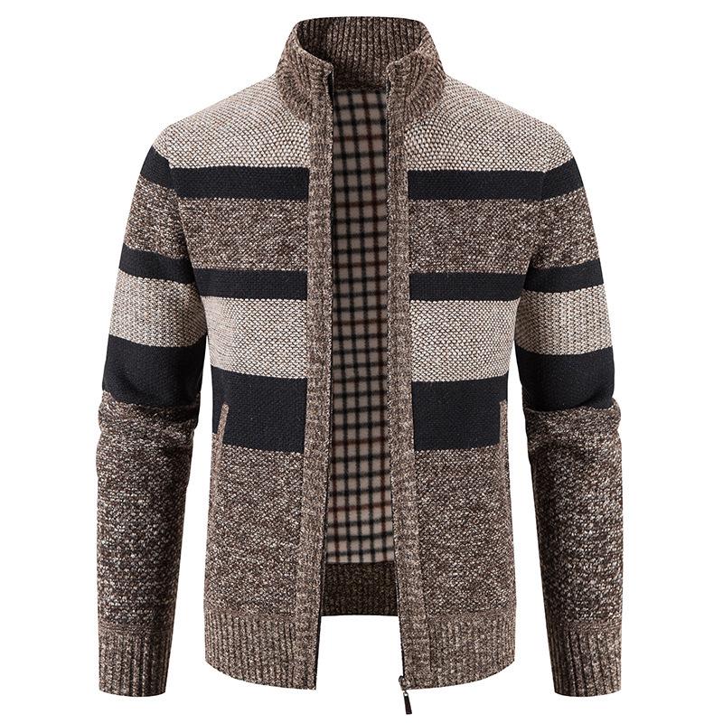 Men's Thickened Velvet Stand Collar Color Block Knit Cardigan Sweater Jacket for Autumn/Winter