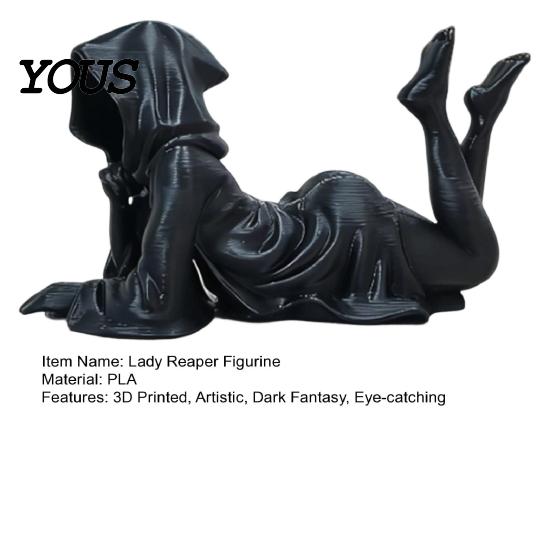 Literary Art Gift Hooded Laying Lady Reaper Figurine, 3D Printed Gothic Dark Fantasy Sculpture, Niche Collectible Black Robed Women Statue