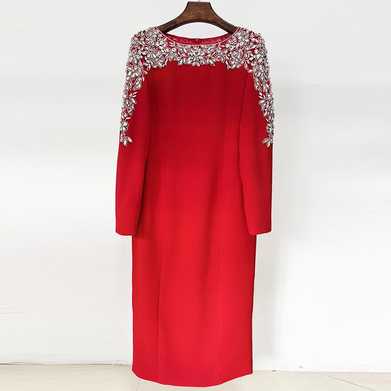 High Street Fashion 2026 Spring Patchwork Mesh Beaded Rhinestone Midi Dress Large красный