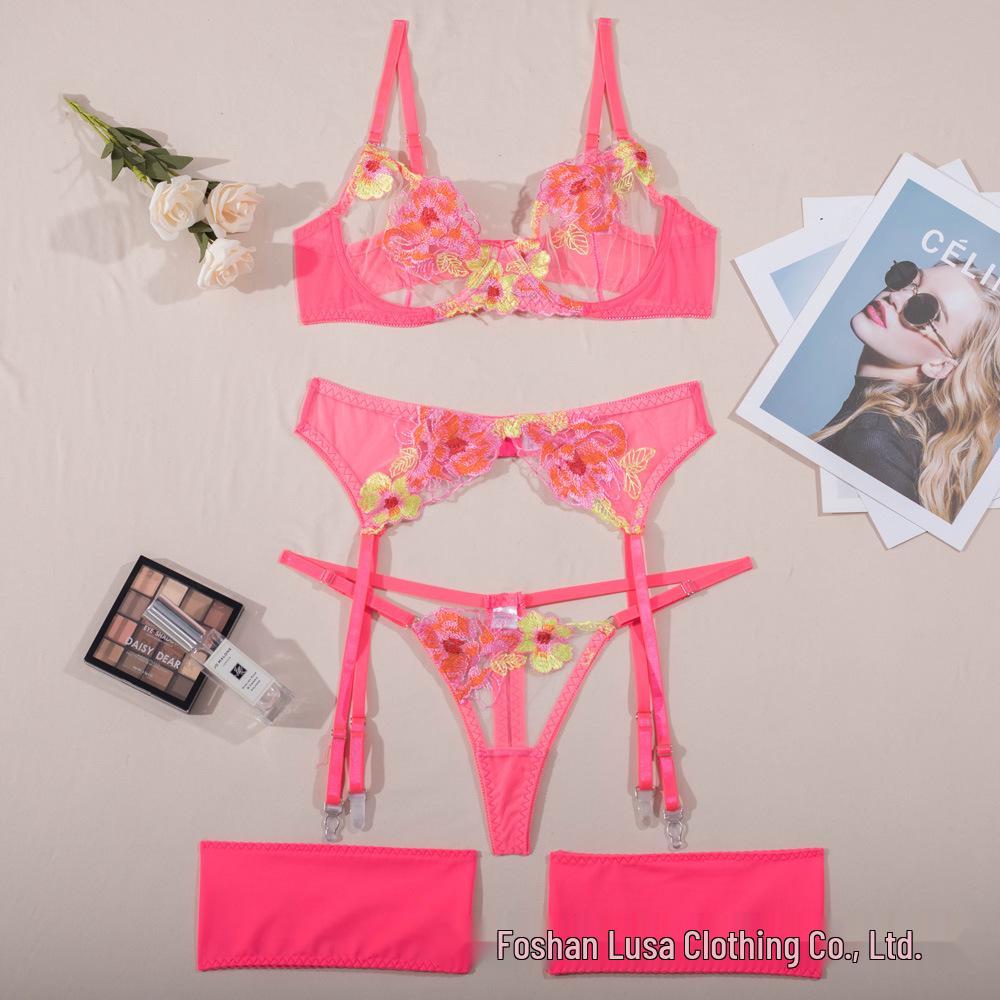 Stylish Steel Ring Embroidery Mesh Garter Belt Set - Multi-Color Body Shaping with Split Design
