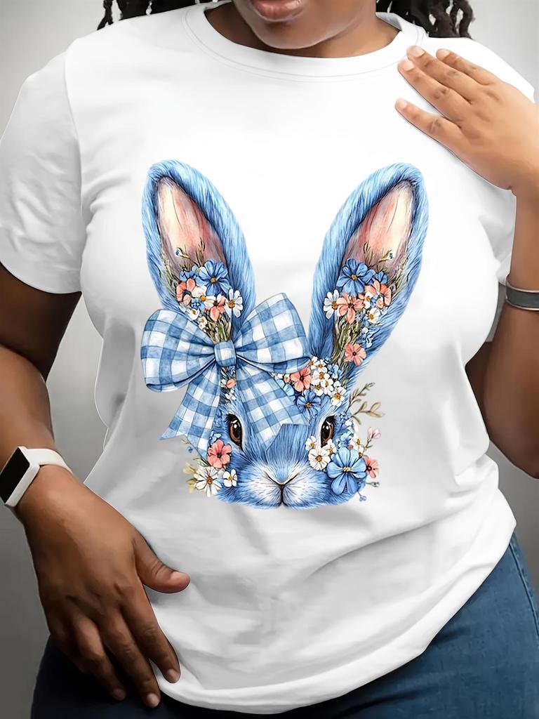 Plus Size Easter Women'S Short Sleeve Round Neck T-Shirt Blue Bunny Floral Pattern With Plaid Bow,