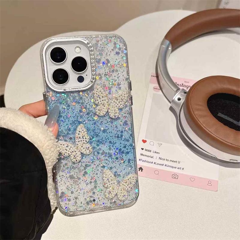 Coque de protection antichoc pour iPhone 16 Pro Max, motif papillon et diamants pailletés, compatible avec iPhone 16, 15, 14, 13, 12, 11 Pro Max Plus