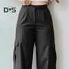 Women Cargo Pants Mid-rise Button Zipper Waist Casual Trousers with Multi Pockets Straight Leg Loose Fit Solid Color Long Pants