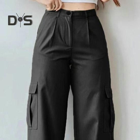 Women Cargo Pants Mid-rise Button Zipper Waist Casual Trousers with Multi Pockets Straight Leg Loose Fit Solid Color Long Pants