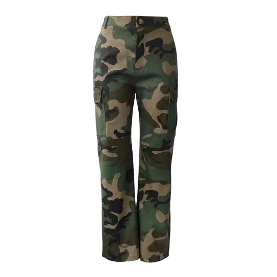 Dame Camo Print Cargobukser Høy Midje Vide Ben Baggy Streetwear Casual Kamuflasje Militærbukser med Lommer