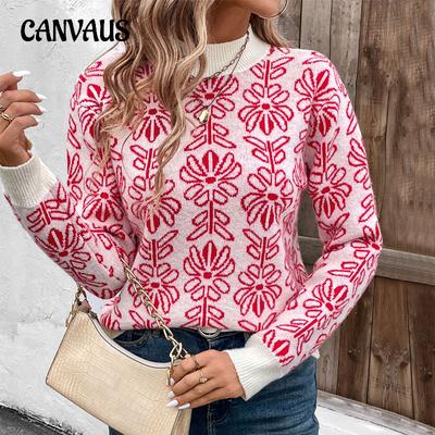 Half High Neck Knit Autumn Winter Floral Jacquard Pink Sweater