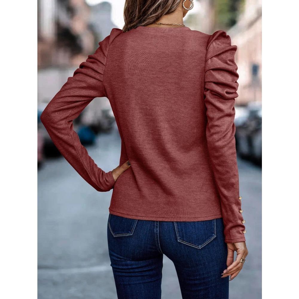 GMXIA Damen Herbst Winter Hochelastischer Kaschmir Rundhals Slim Puffärmel Langarm Oberteil